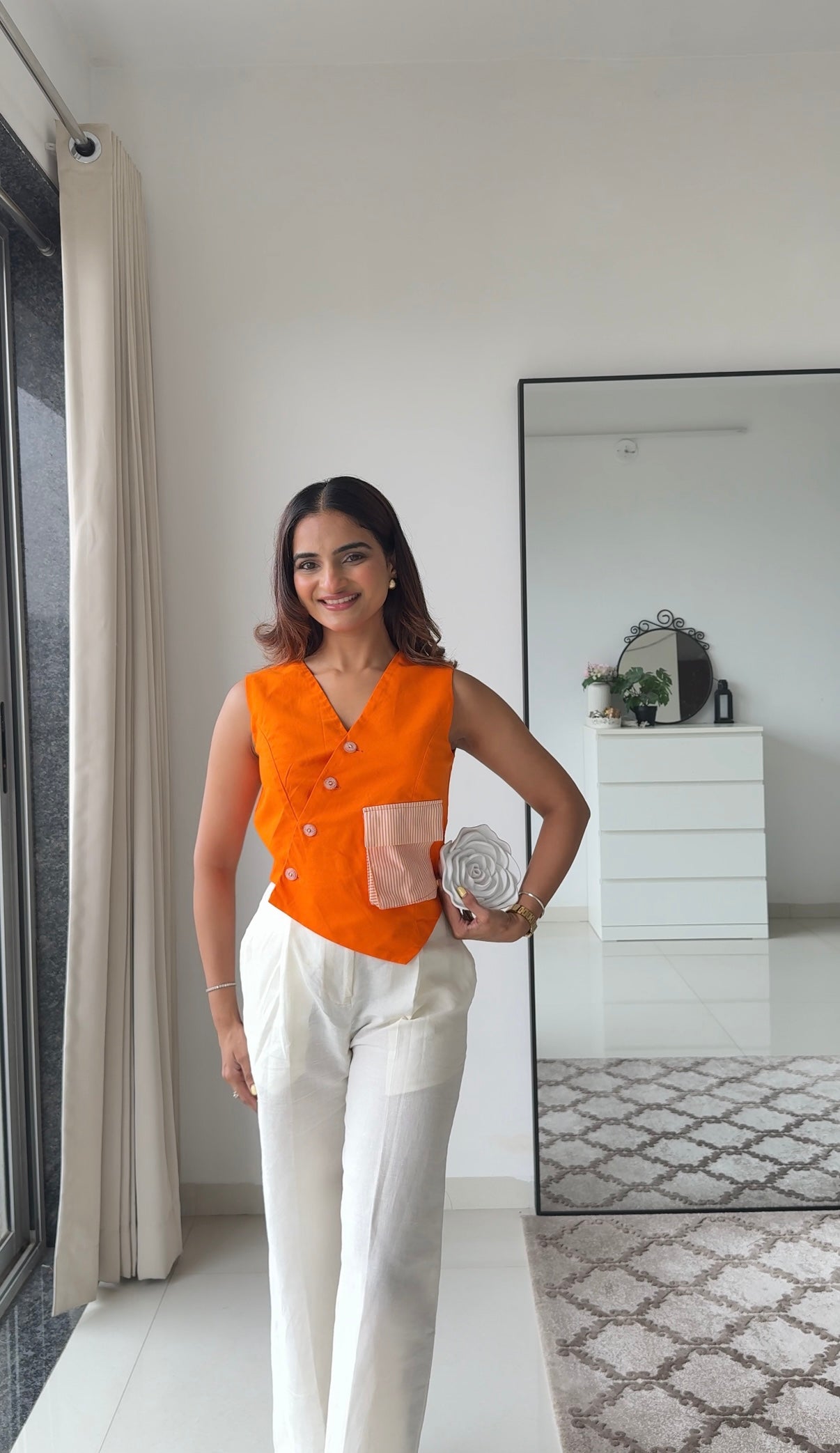 Tiya Linen Pants with Orange Waistcoat Set