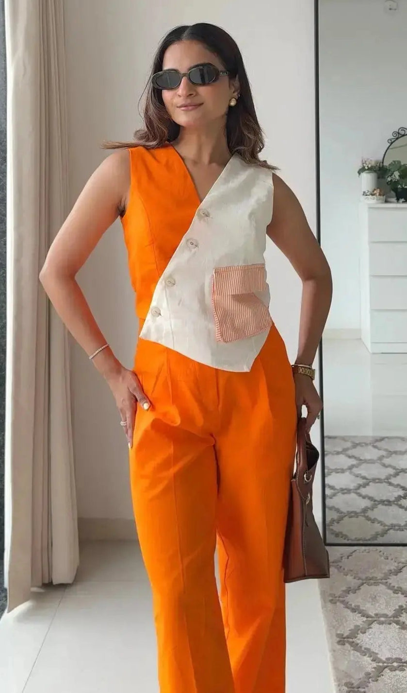 Blossom Linen Pants and white Waistcoat Set