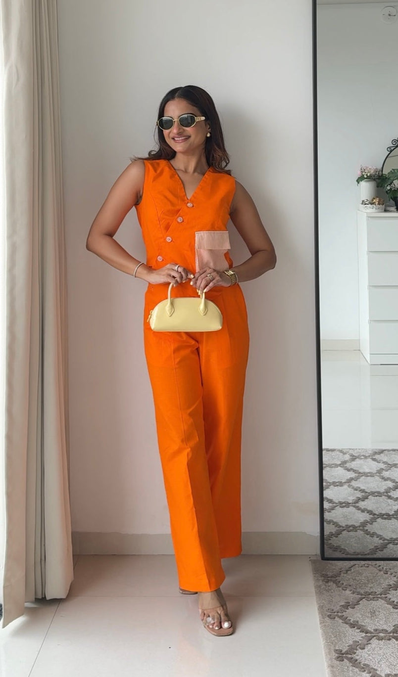 Blossom Orange Linen Pants and Waistcoat Set Scoopstyle