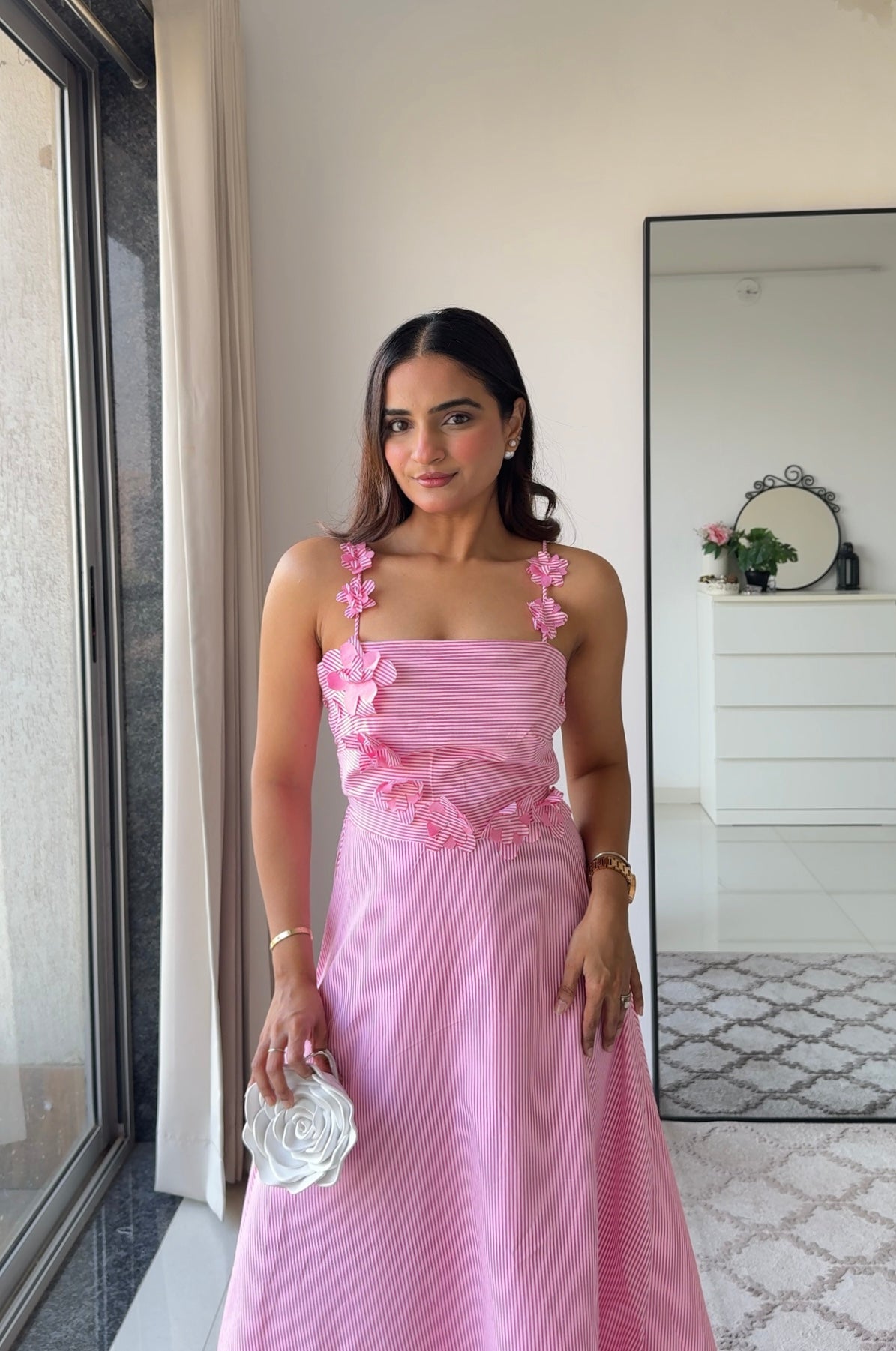 Pink Flower Dress with Bow Clip