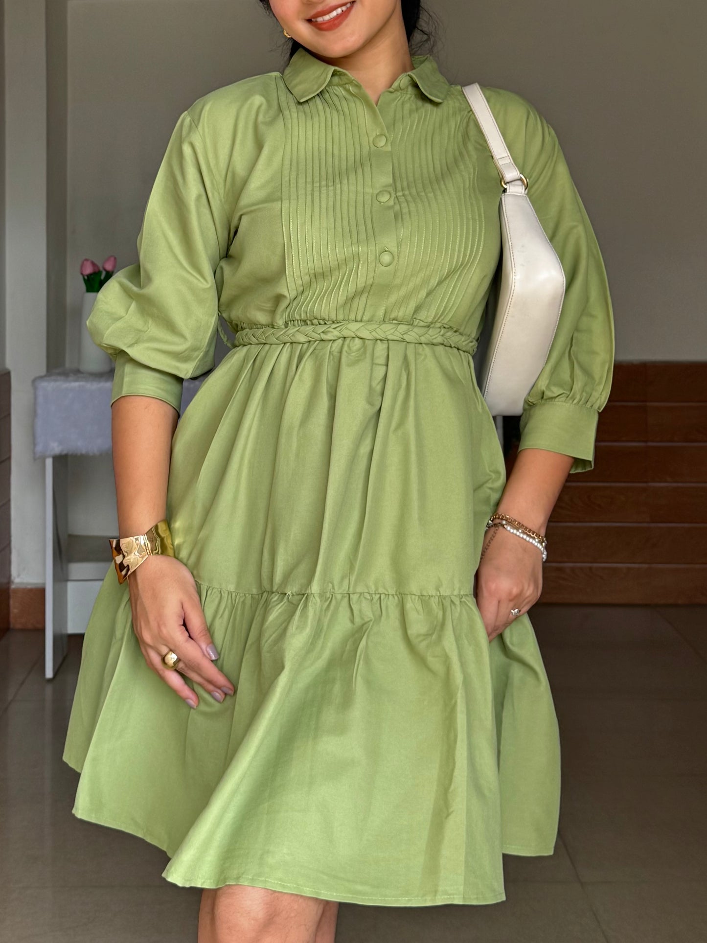 Syra Green Shirt Dress with Braided Stripes Belt Scoopstyle