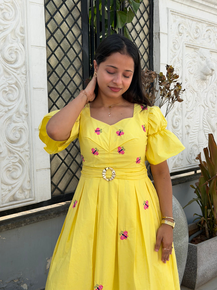 Yellow Butterfly Box Pleated Midi Dress