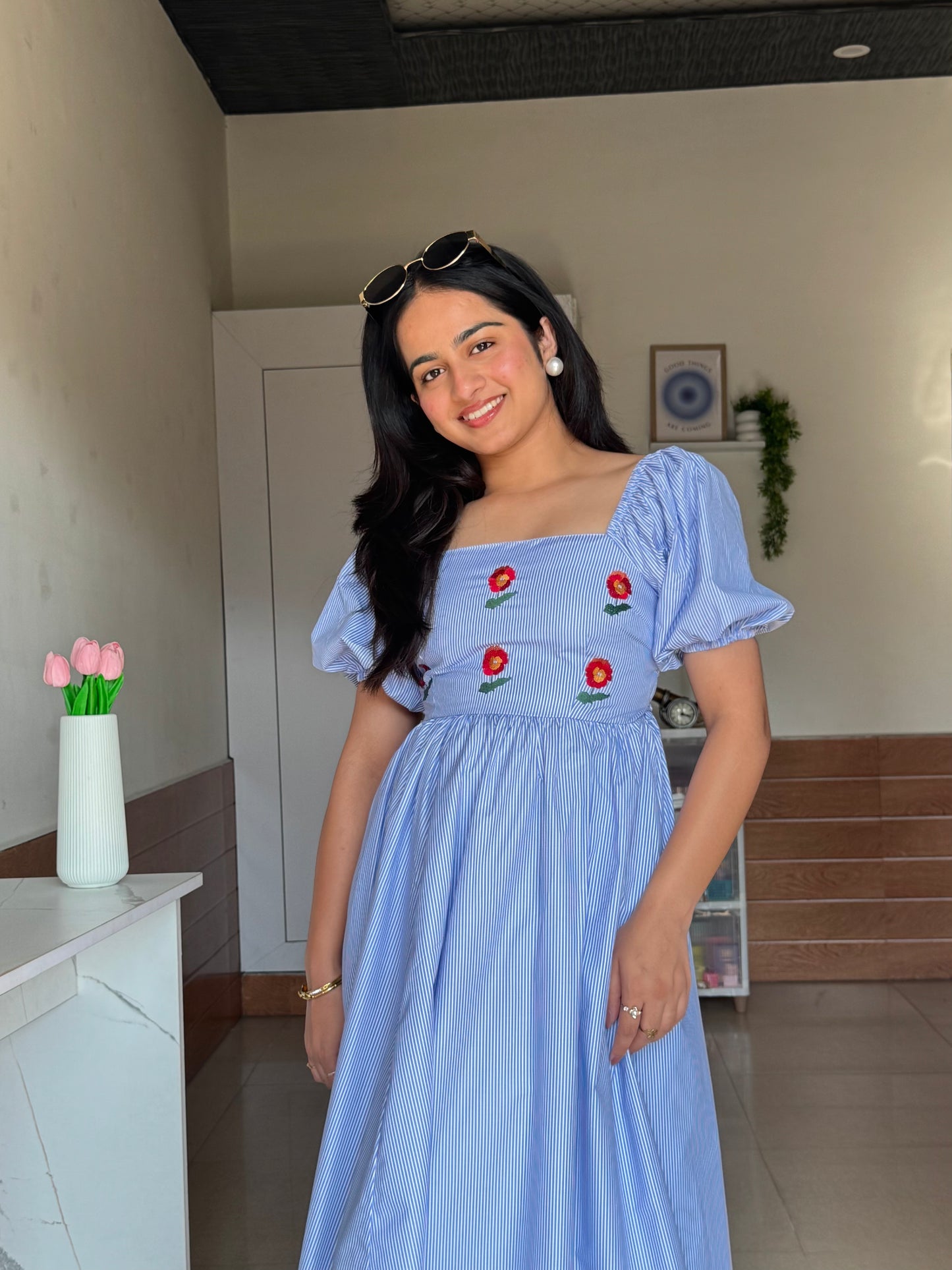 Nora Stripes Cotton Midi Dress – With Sleeves