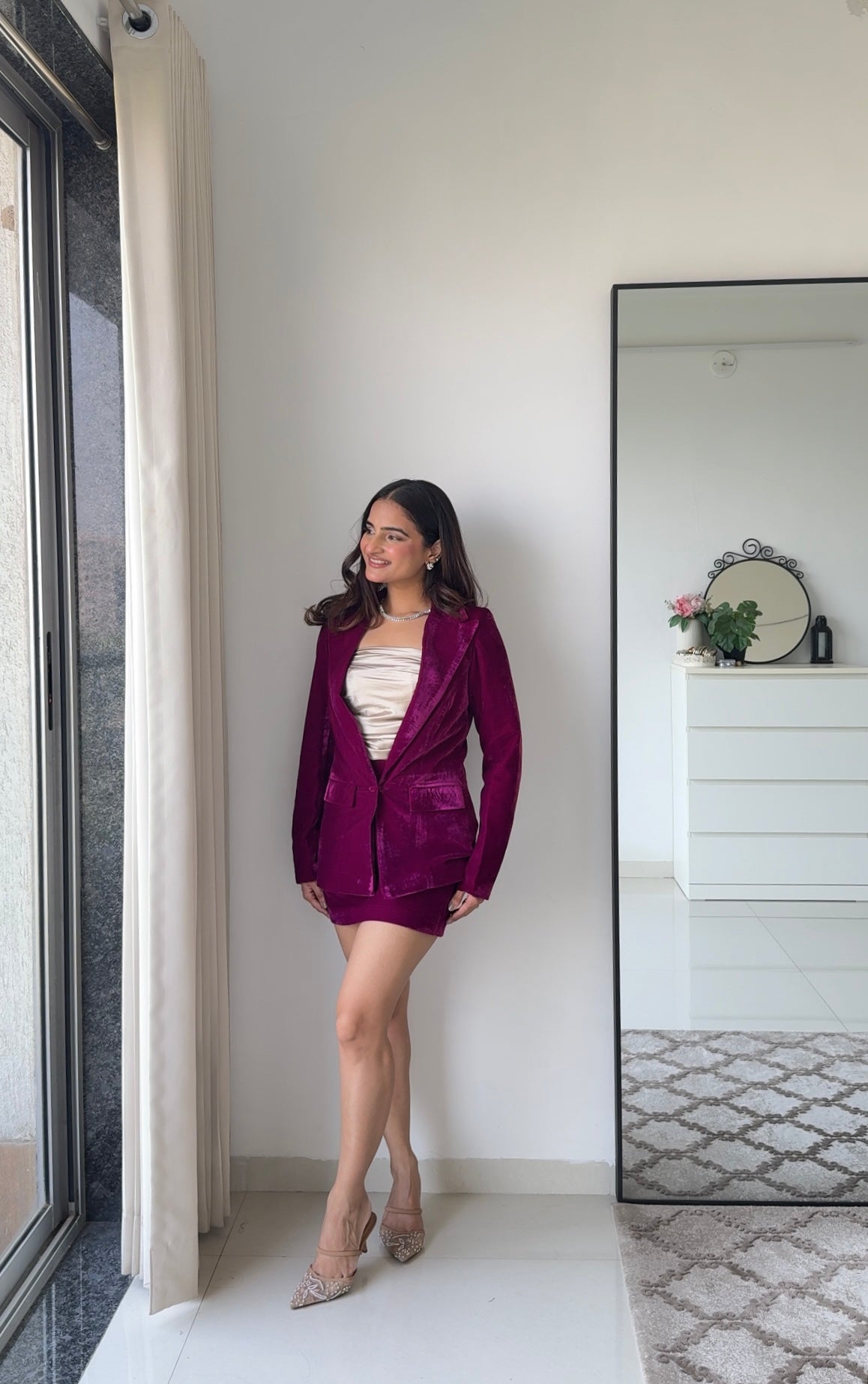 Wine Empress 3 Piece Velvet Blazer Set for Women – Premium Velvet Co-ord | Party & Festive Skirt Set