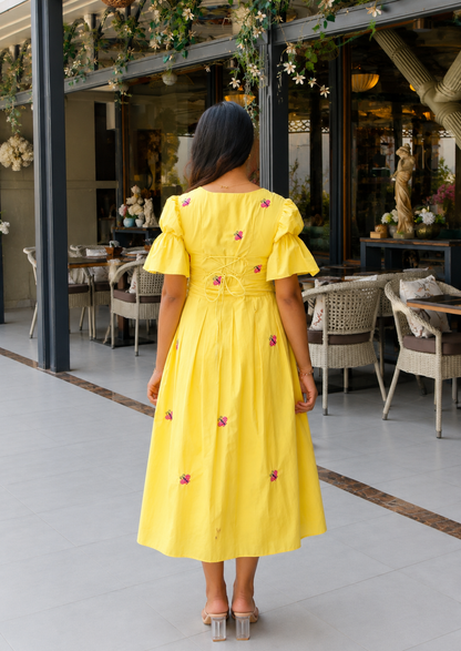 Yellow Butterfly Box Pleated Midi Dress