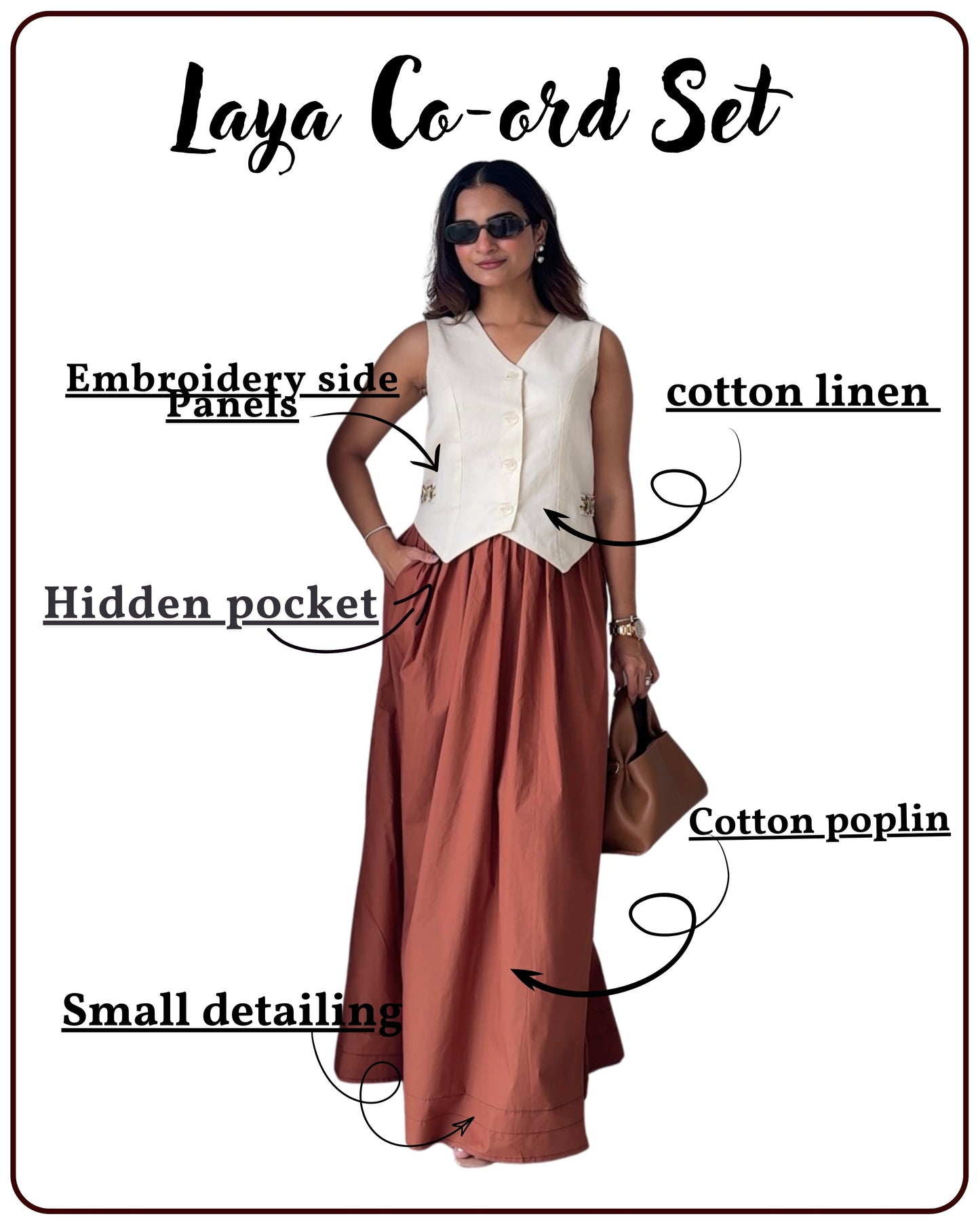 Laya Co-ord Set | Cotton Linen Waistcoat & Brown Cotton Poplin Maxi Skirt | Women’s Fusion Wear Scoopstyle
