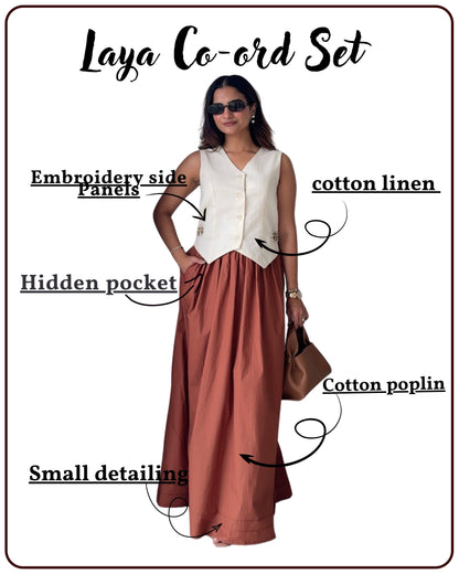 Laya Co-ord Set | Cotton Linen Waistcoat & Brown Cotton Poplin Maxi Skirt | Women’s Fusion Wear Scoopstyle