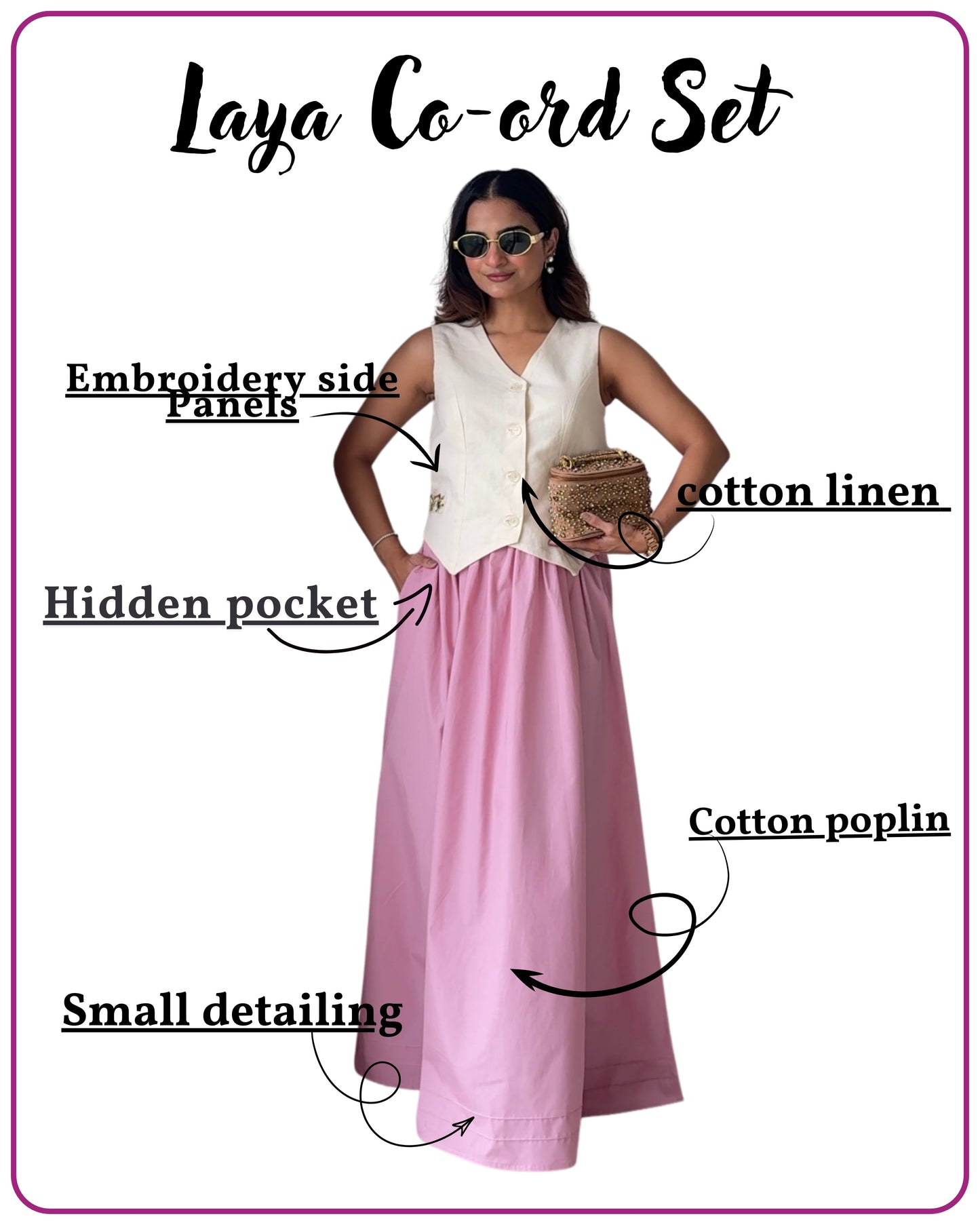 Laya Pink Co-ord Set | Linen Waistcoat & Pink Cotton Poplin Maxi Skirt | Women’s Fusion Wear Scoopstyle