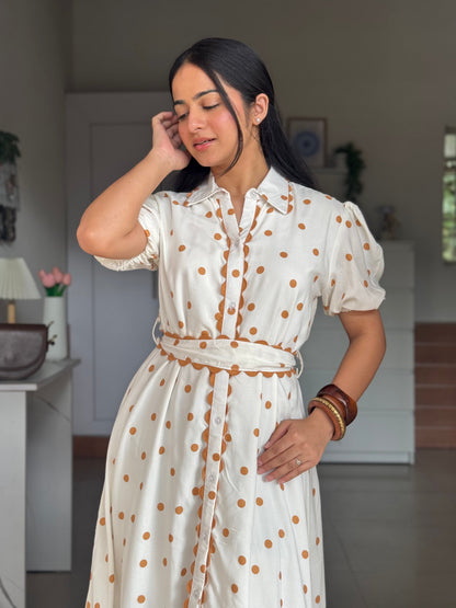 Caramel Polka Midi Dress Scoopstyle