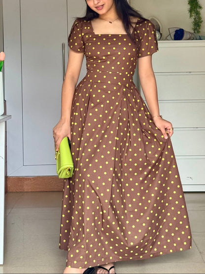Choco Mint Sleeves Polka Dot Midi Dress with Bow
