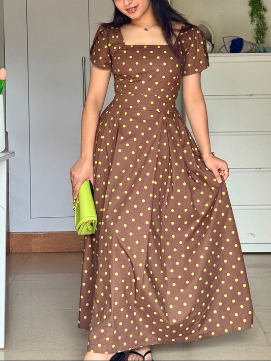 Choco Mint Sleeves Polka Dot Midi Dress with Bow