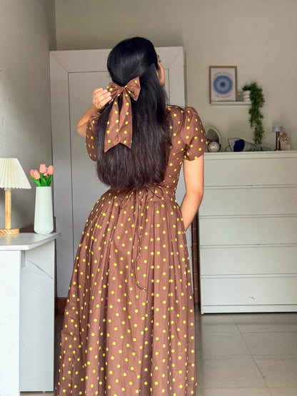 Choco Mint Sleeves Polka Dot Midi Dress with Bow