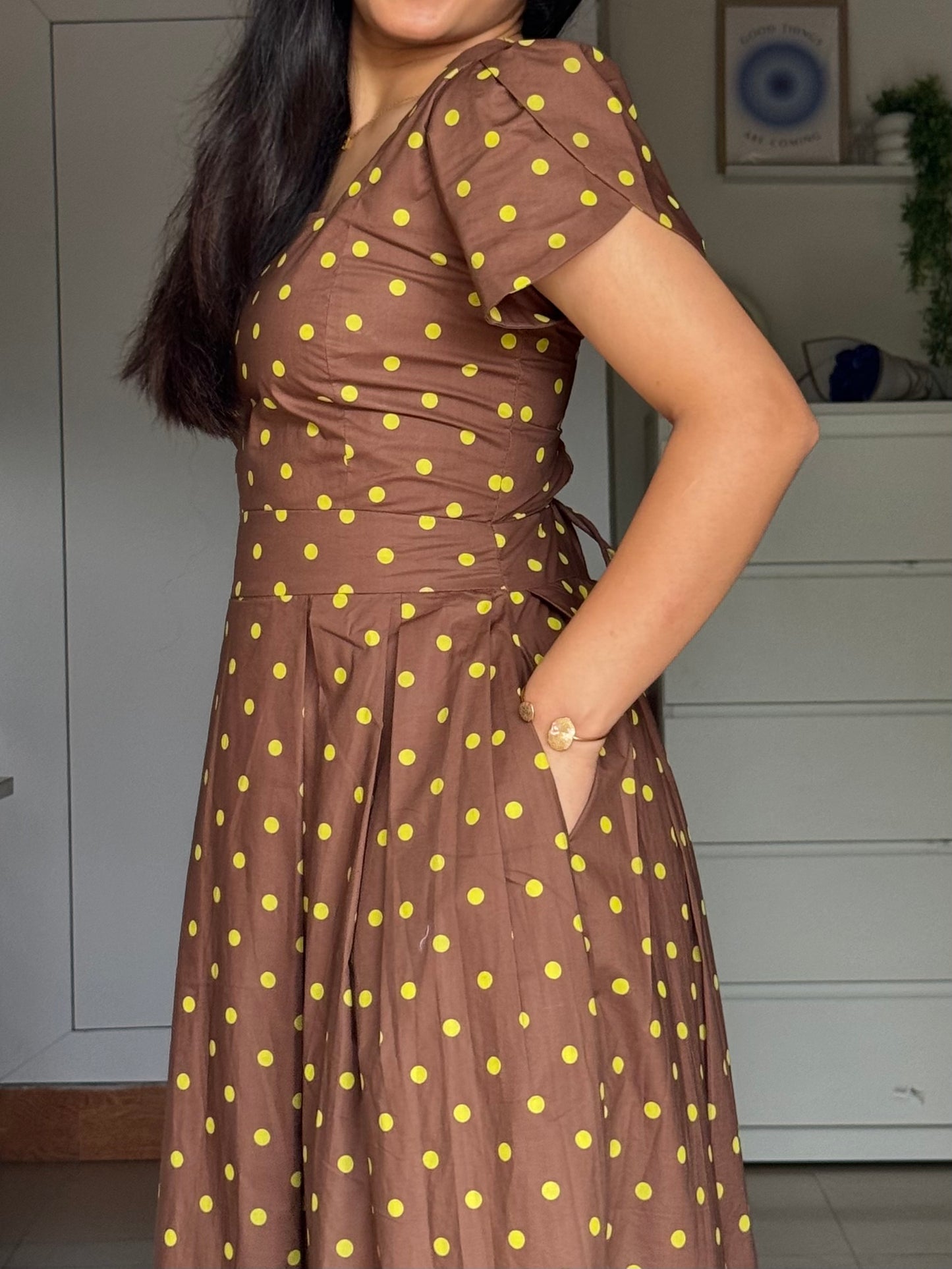 Choco Mint Sleeves Polka Dot Midi Dress with Bow