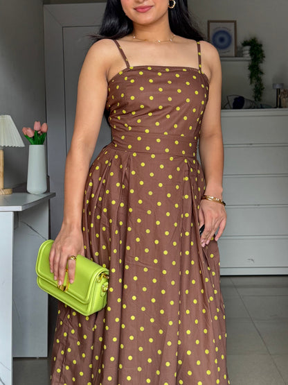 Choco Mint Polka Dot Midi Dress with Bow Scoopstyle