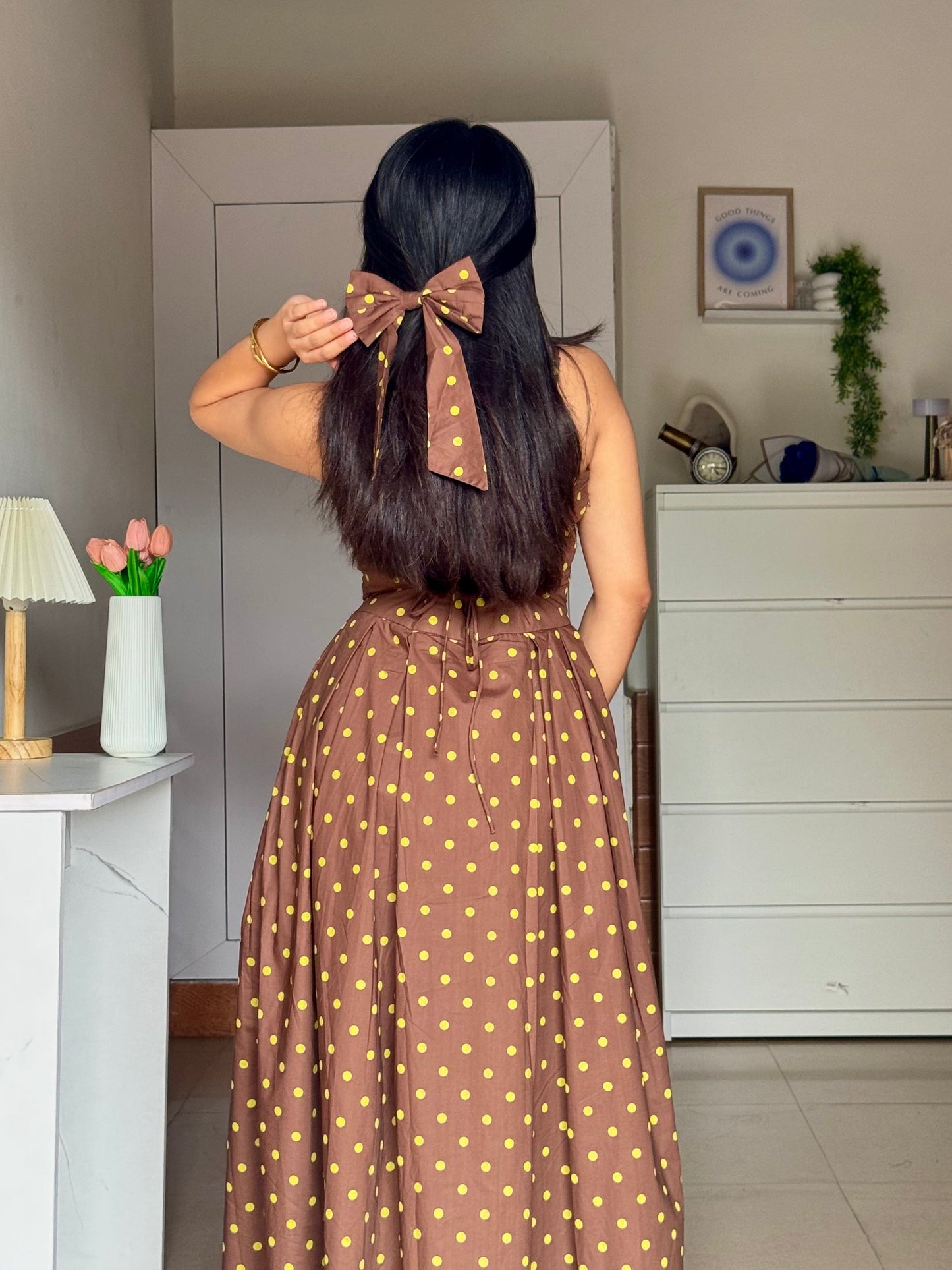 Choco Mint Polka Dot Midi Dress with Bow Scoopstyle