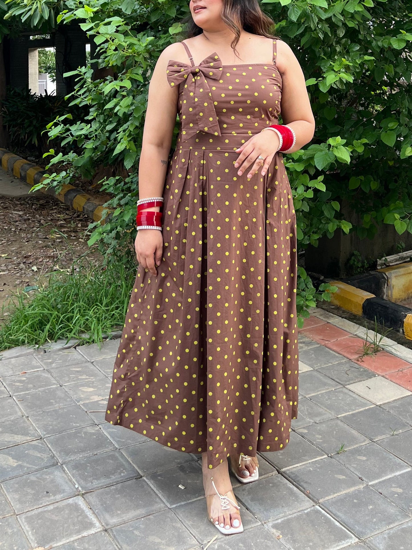 Choco Mint Polka Dot Midi Dress with Bow Scoopstyle