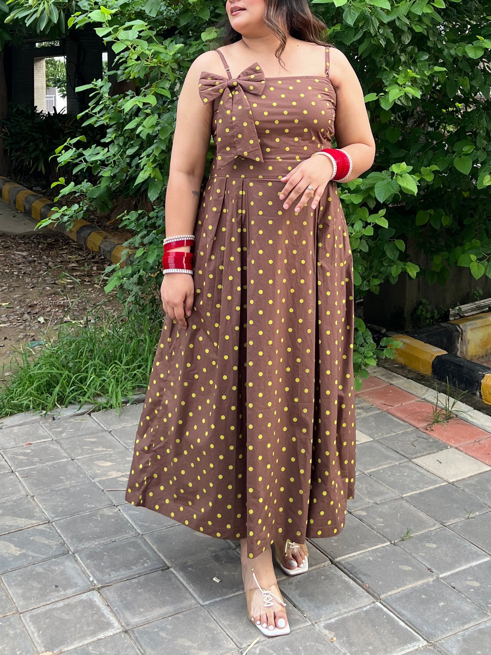 Choco Mint Polka Dot Midi Dress with Bow Scoopstyle