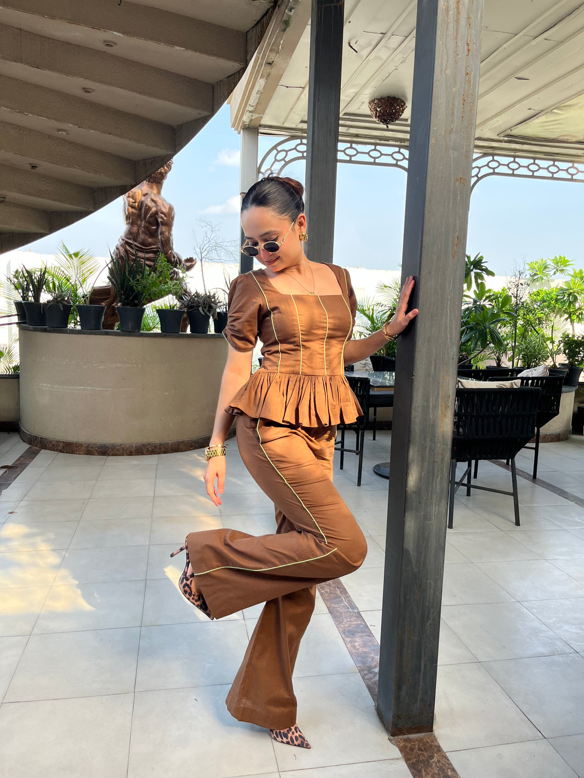 Cocoa Muse Brown Cotton Linen Peplum Co-ord Set
