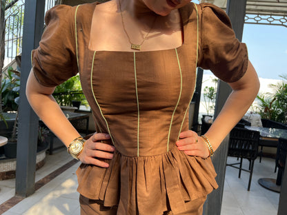 Cocoa Muse Brown Cotton Linen Peplum Co-ord Set