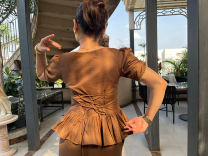 Cocoa Muse Brown Cotton Linen Peplum Co-ord Set