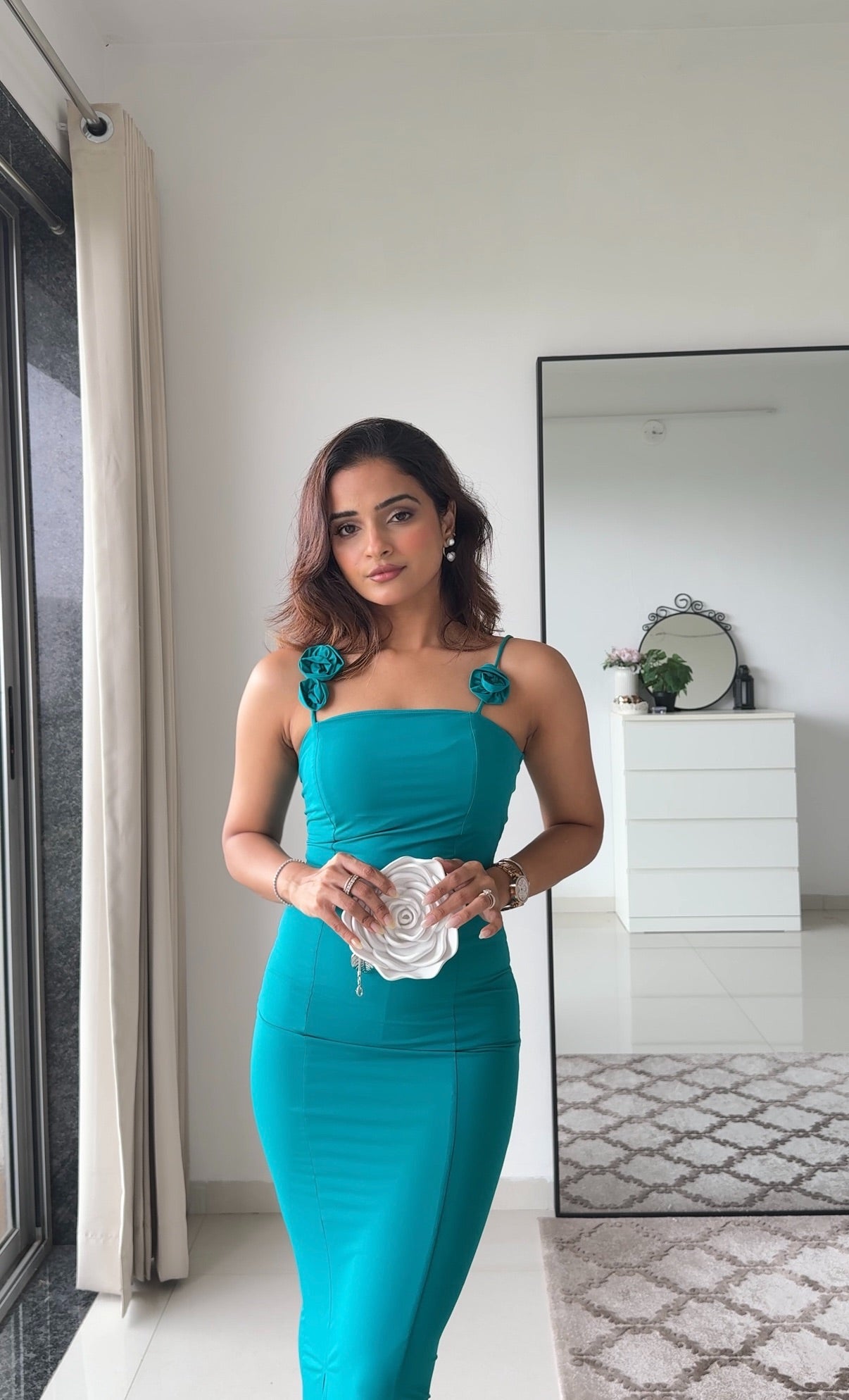 Elina Teal Bodycon Dress with Slit | Women's Sleeveless Slim Fit Evening Dress Scoopstyle