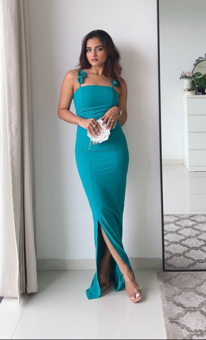 Teal bodycon dress for women with thigh-high slit 