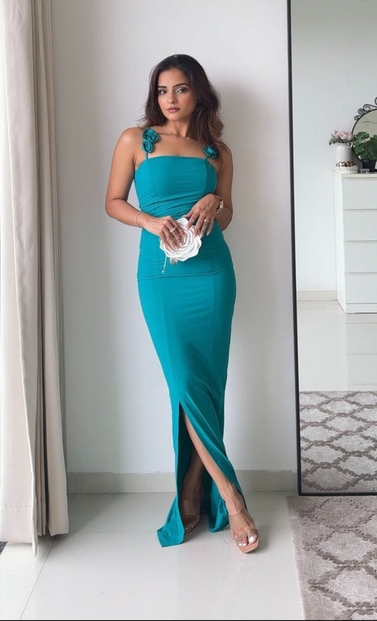 Teal bodycon dress for women with thigh-high slit 