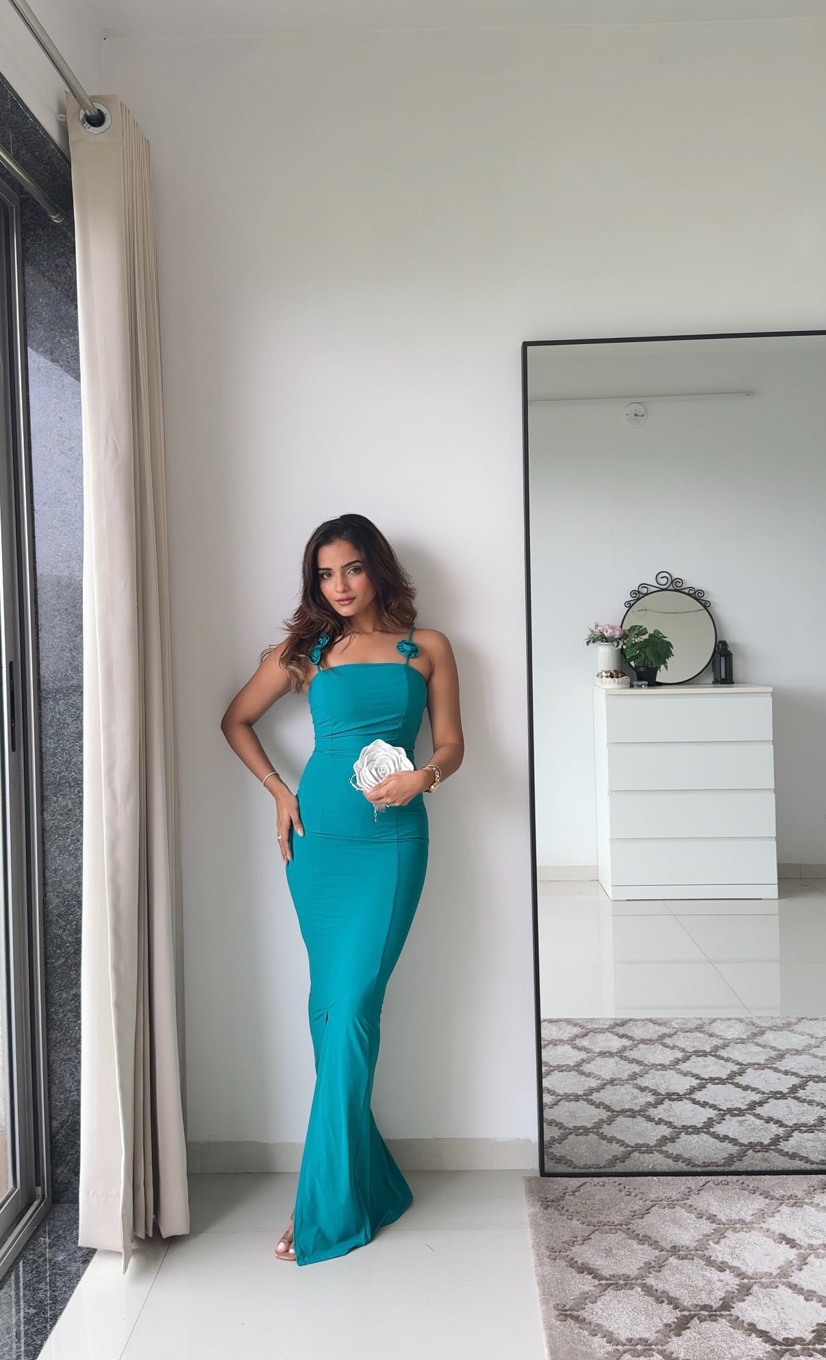 Elina Teal Bodycon Dress with Slit | Women's Sleeveless Slim Fit Evening Dress Scoopstyle