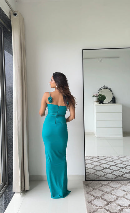 Elina Teal Bodycon Dress with Slit | Women's Sleeveless Slim Fit Evening Dress Scoopstyle