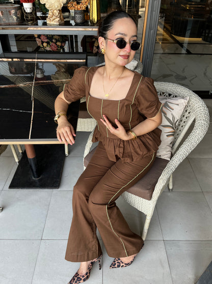 Cocoa Muse Brown Cotton Linen Peplum Co-ord Set