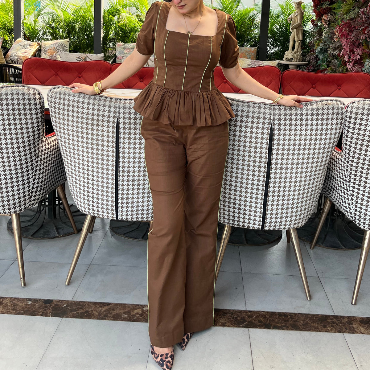 Cocoa Muse Brown Cotton Linen Peplum Co-ord Set