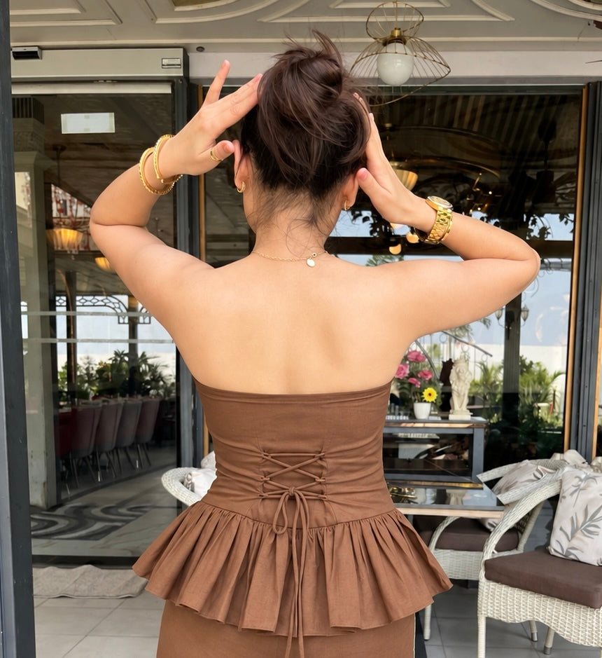 Cocoa Brown Corset Peplum Co-ord Set