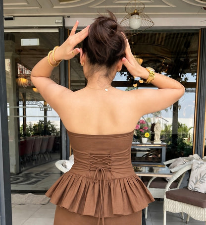 Cocoa Brown Corset Peplum Co-ord Set