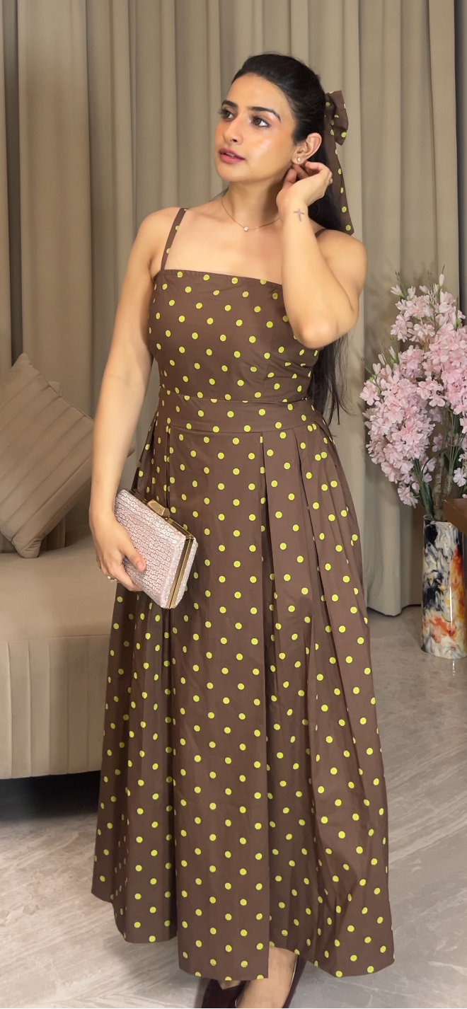 Hazel Brown Polka Dot Midi Dress with Bow