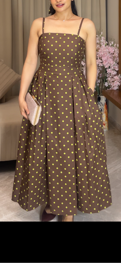 Hazel Brown Polka Dot Midi Dress Scoopstyle
