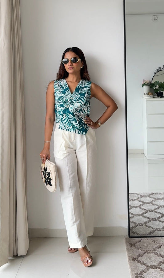 Tiya Linen Pants with Green Waistcoat Set