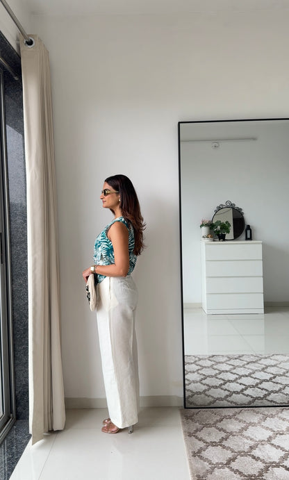 Tiya Linen Pants with Green Waistcoat Set