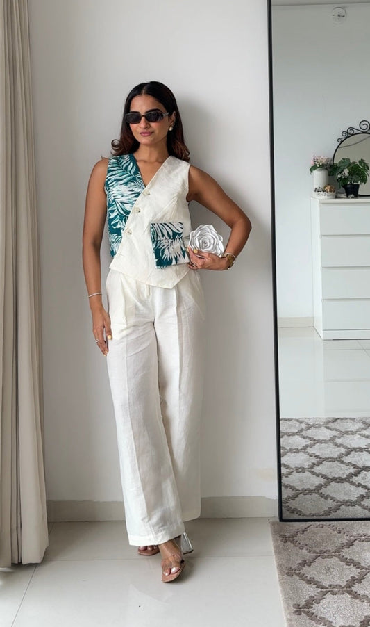 Tiya Linen Pants with White & Green Waistcoat