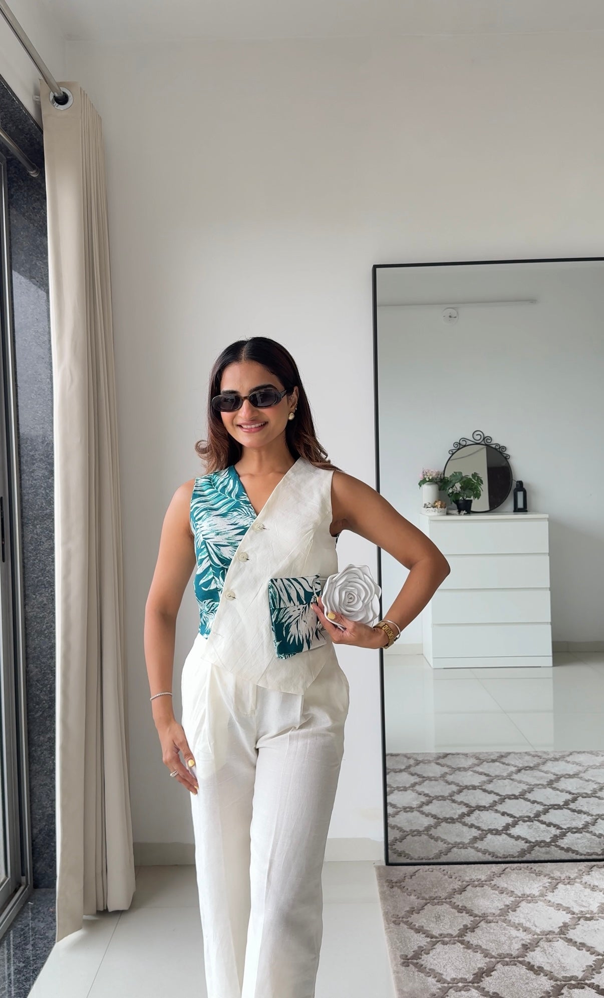 Tiya Linen Pants with White & Green Waistcoat