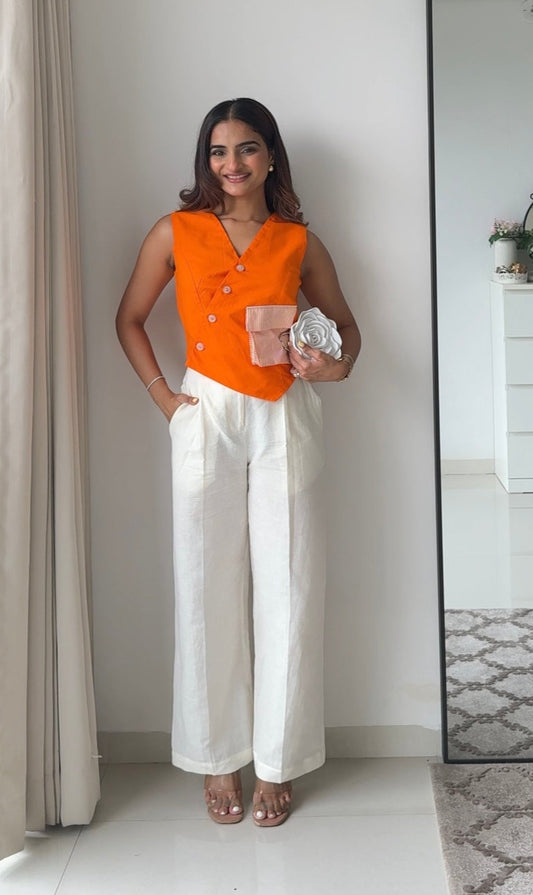 Tiya Linen Pants with Orange Waistcoat Set