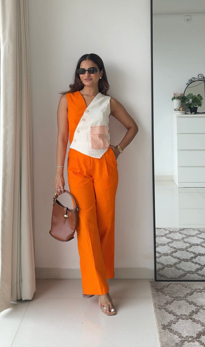 Blossom Linen Pants and white  Waistcoat Set