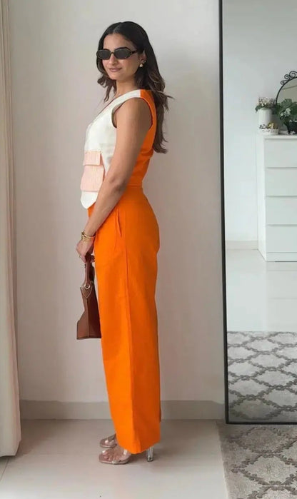 Blossom Linen Pants and white  Waistcoat Set