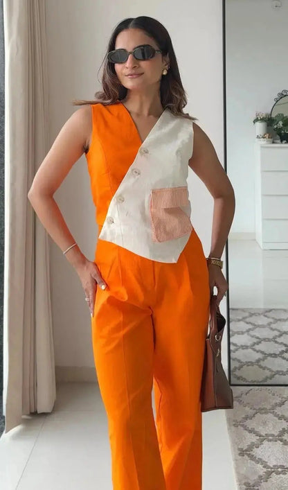 Blossom Linen Pants and white  Waistcoat Set