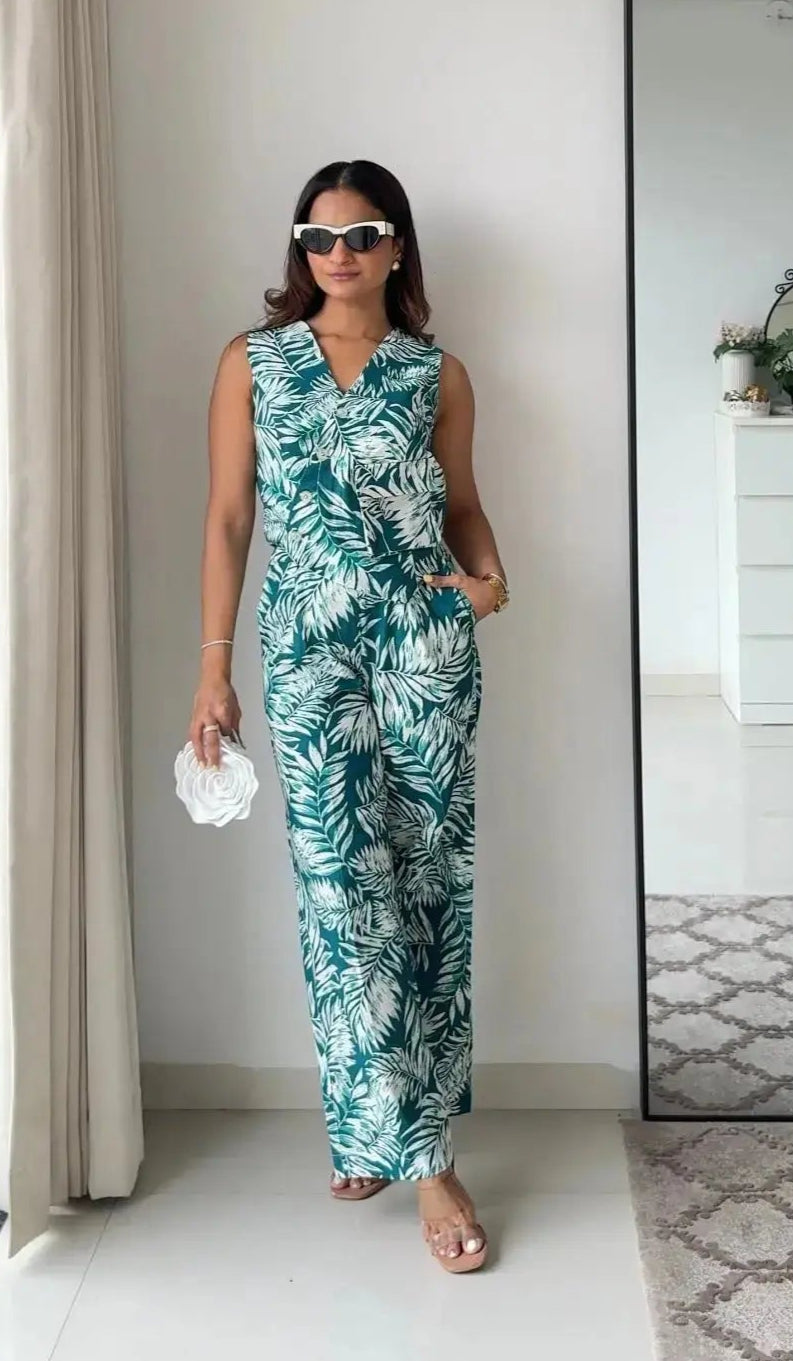 Rachel Floral Linen  Pants with Waist Coat Set