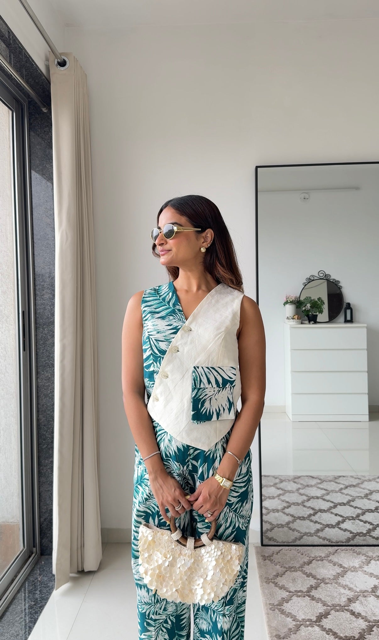 Rachel floral Linen  pants with white green waistcoat
