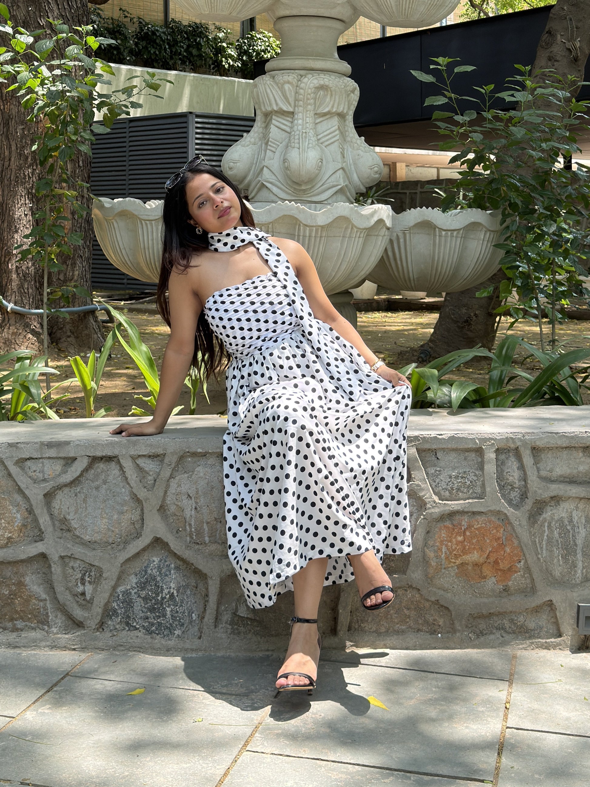 White Black Diva Polka Dots Dress with Scarf – Scoopstyle
