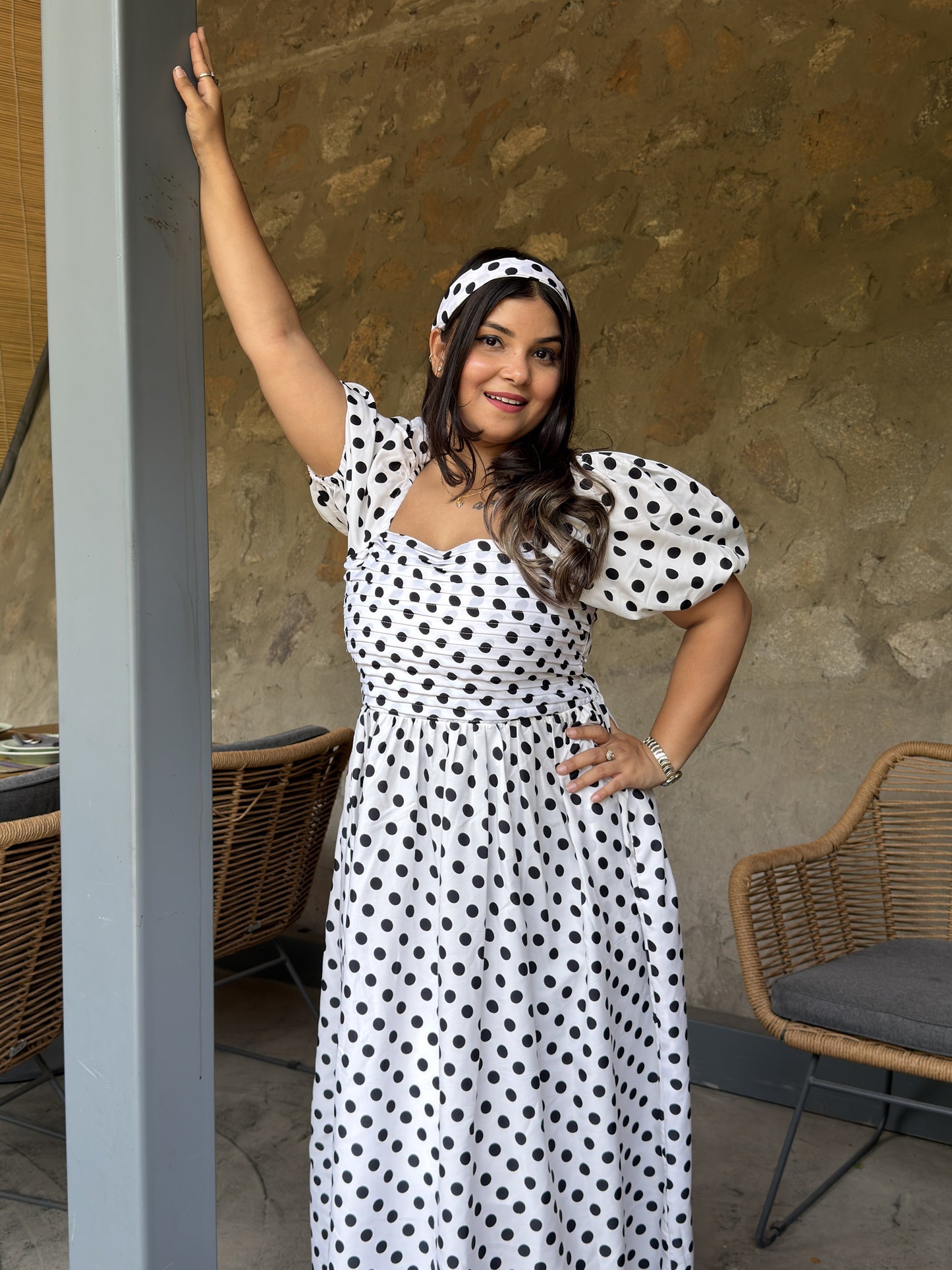 White Black Polka Dots Dress with Sleeves