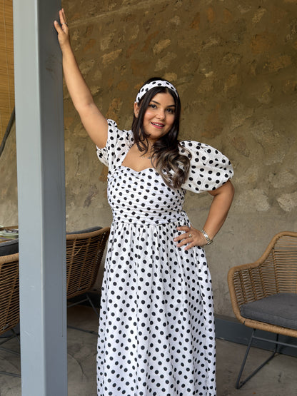 White Black Polka Dots Dress with Sleeves