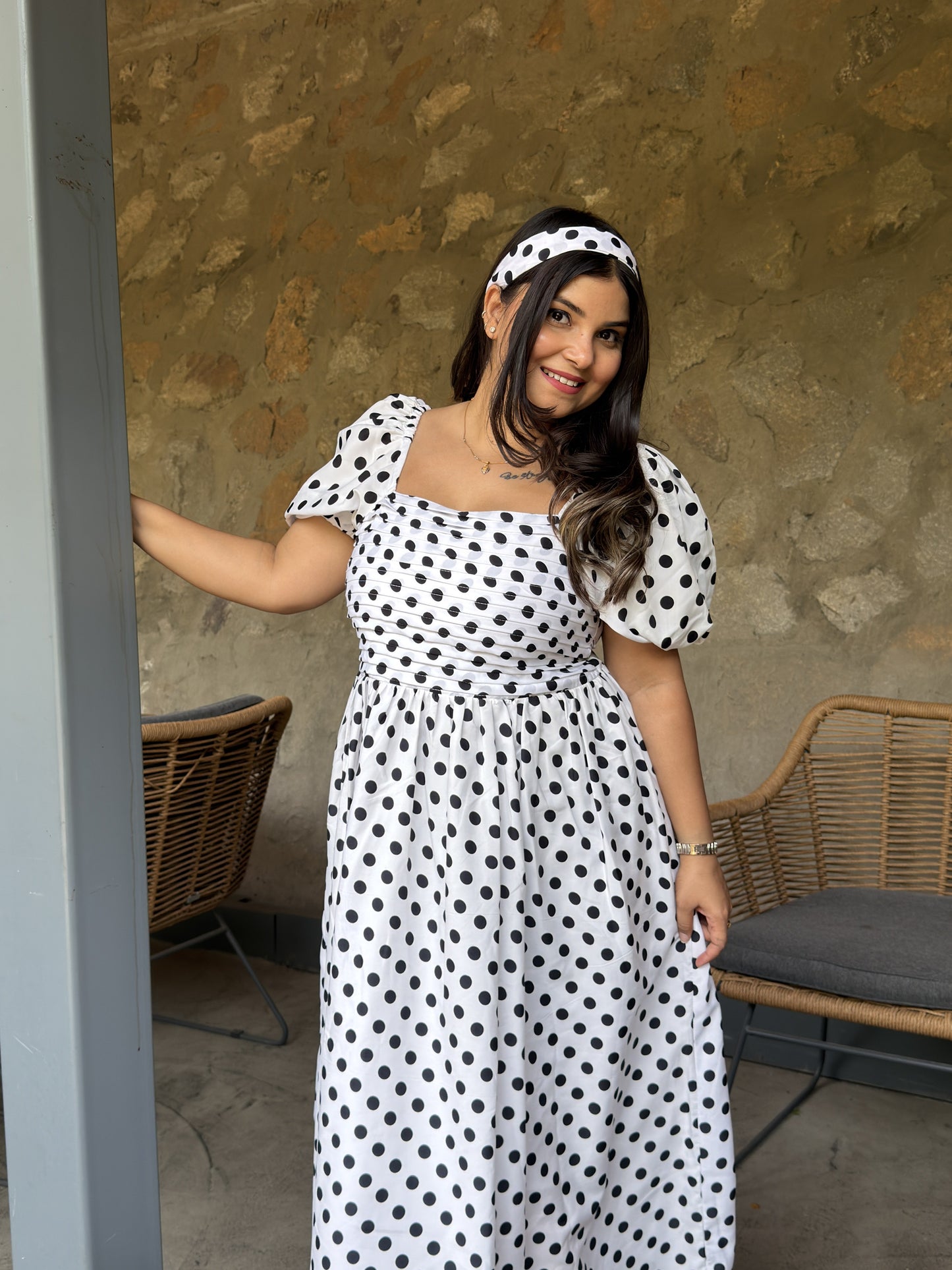 White Black Polka Dots Dress with Sleeves