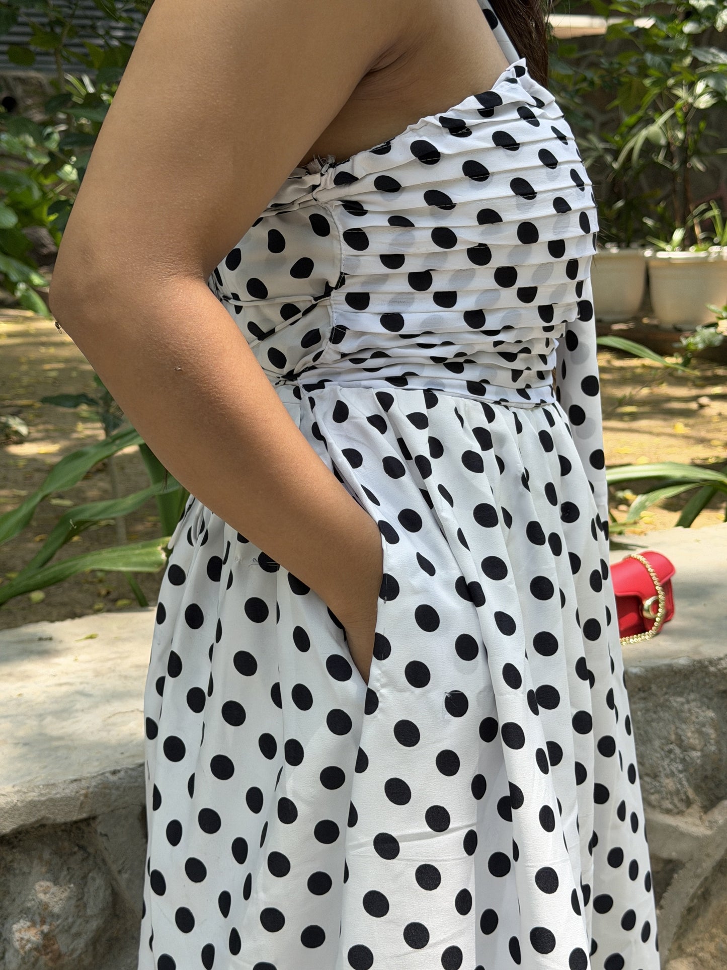 White Black Diva Polka Dots Dress with Scarf Scoopstyle